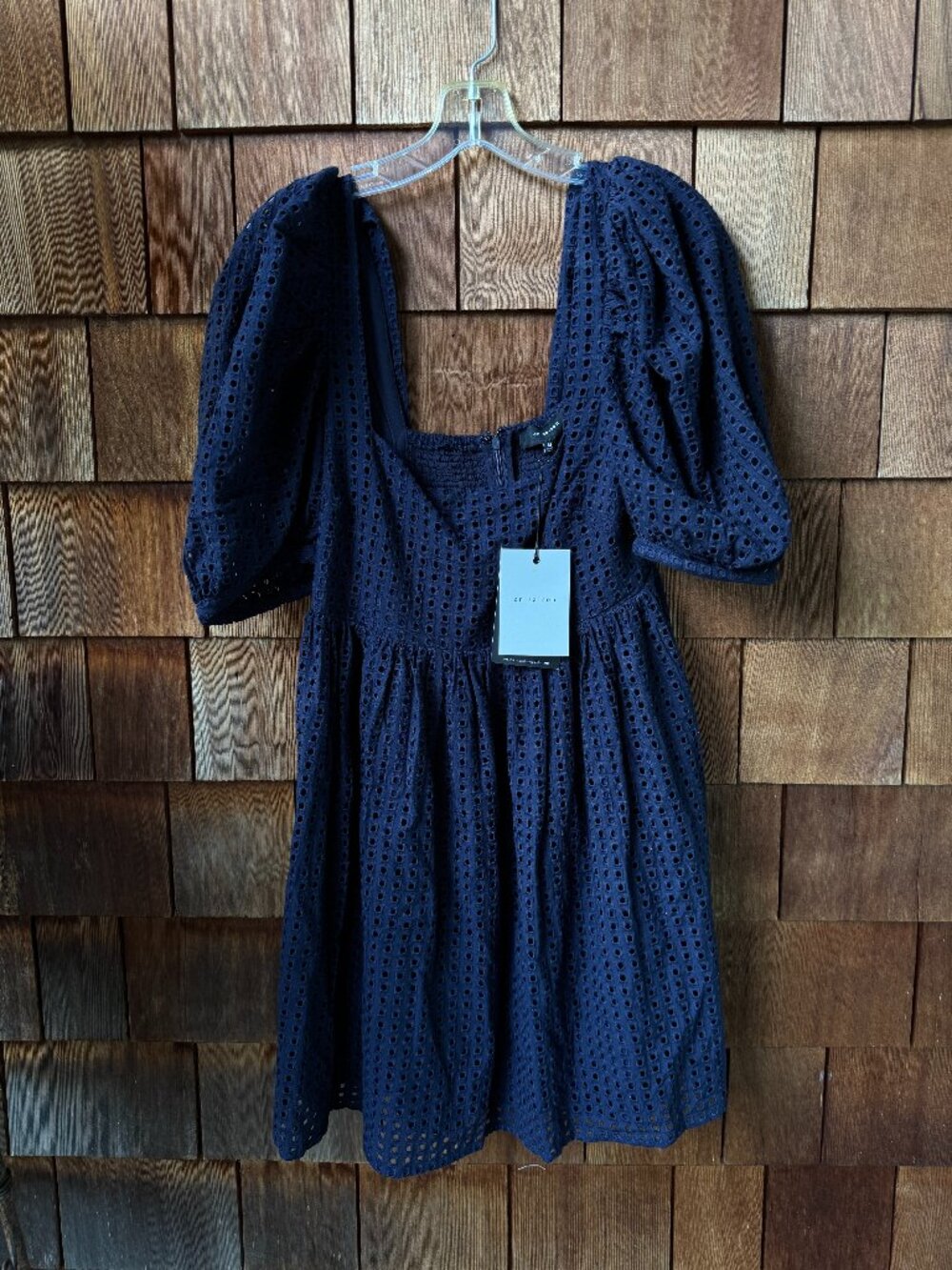NWT En Saison Navy Blue Eyelet Puff Sleeve Babydoll Dress in Women's Medium